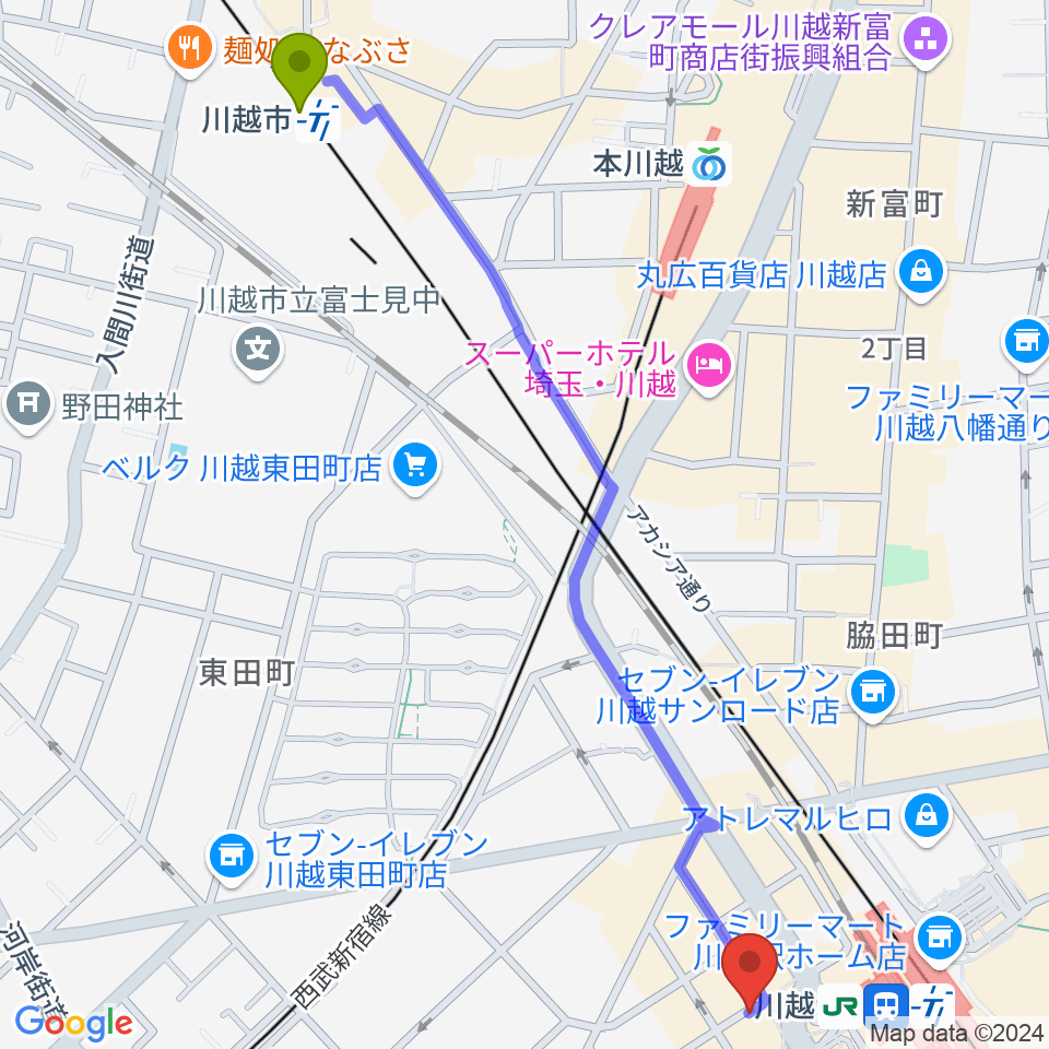 川越市駅からよみうりカルチャー川越へのルートマップ地図