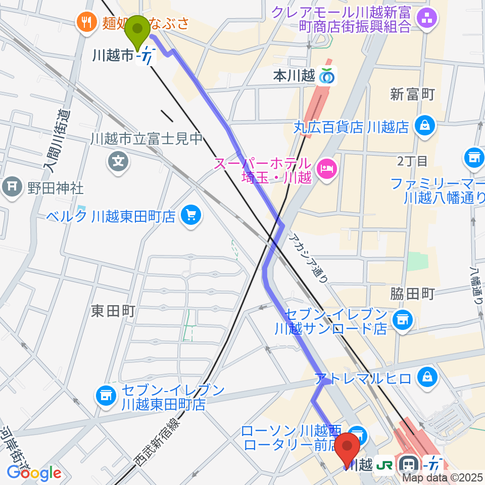 川越市駅からよみうりカルチャー川越へのルートマップ地図