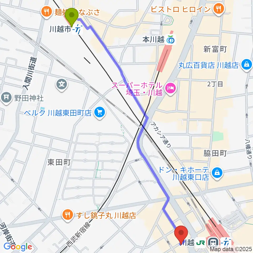 川越市駅からよみうりカルチャー川越へのルートマップ地図