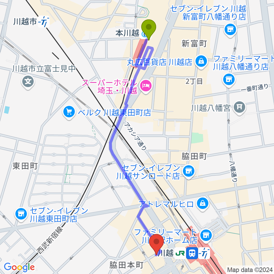 よみうりカルチャー川越の最寄駅本川越駅からの徒歩ルート（約12分）地図