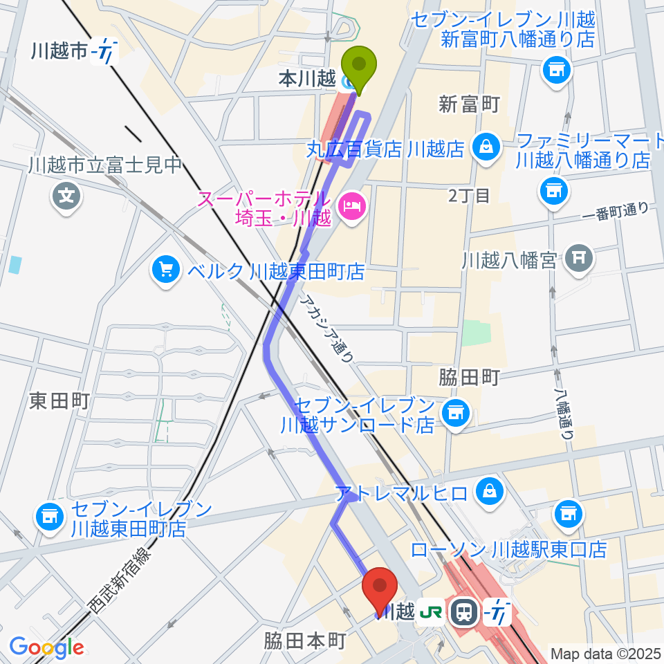 本川越駅からよみうりカルチャー川越へのルートマップ地図