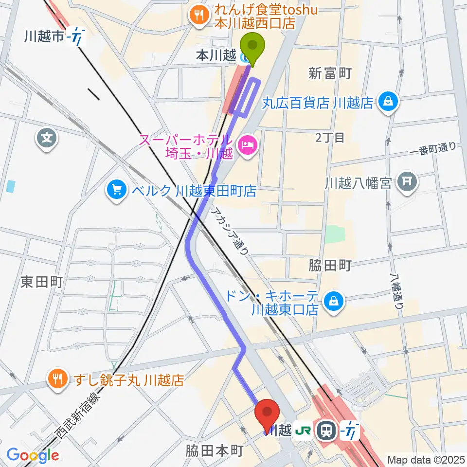 本川越駅からよみうりカルチャー川越へのルートマップ地図