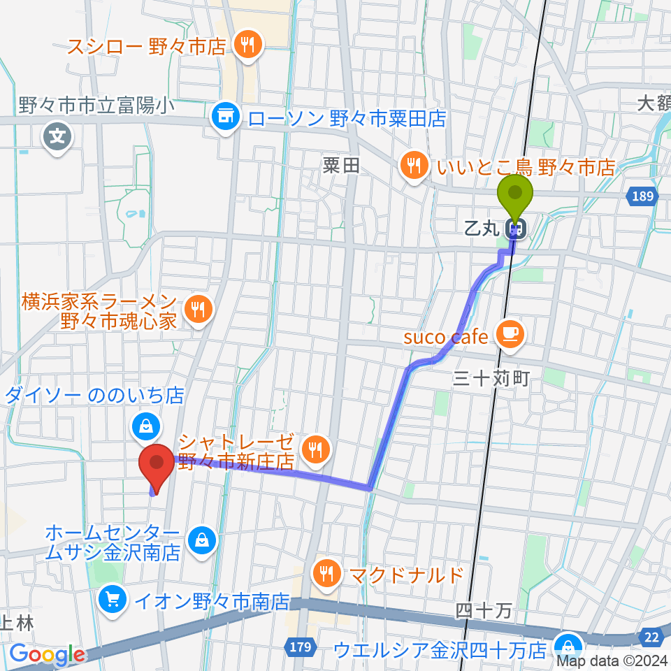 乙丸駅からうつのみやカルチャーセンター野々市上林教室へのルートマップ地図