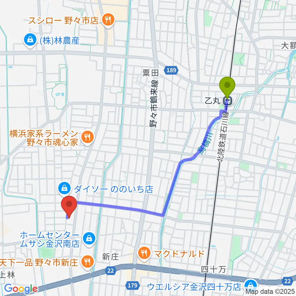 乙丸駅からうつのみやカルチャーセンター野々市上林教室へのルートマップ地図