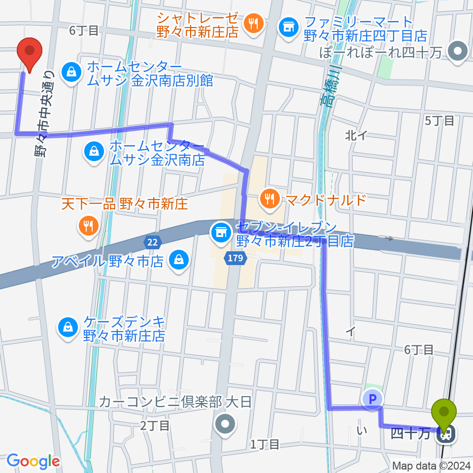 うつのみやカルチャーセンター野々市上林教室の最寄駅四十万駅からの徒歩ルート（約18分）地図