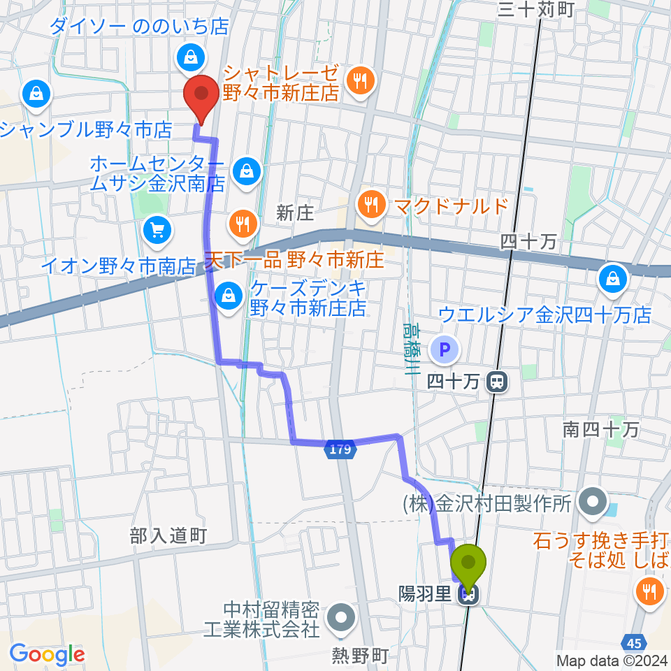 陽羽里駅からうつのみやカルチャーセンター野々市上林教室へのルートマップ地図