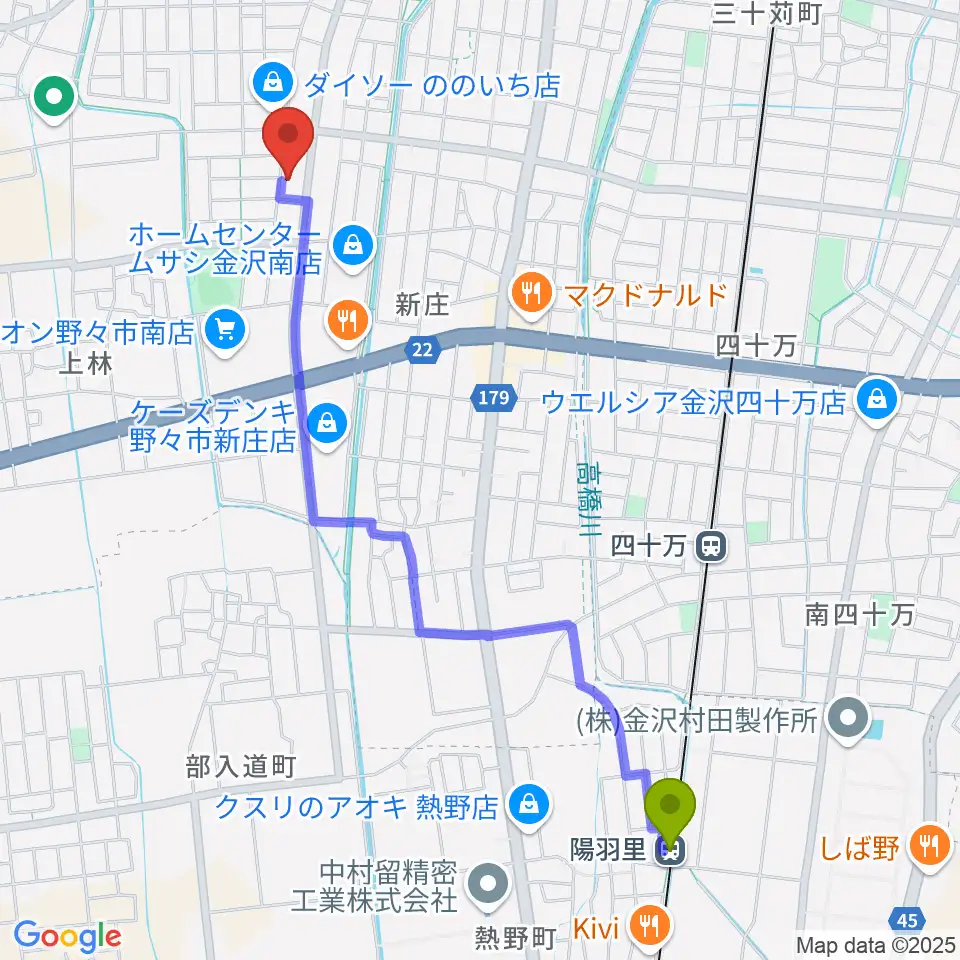 陽羽里駅からうつのみやカルチャーセンター野々市上林教室へのルートマップ地図