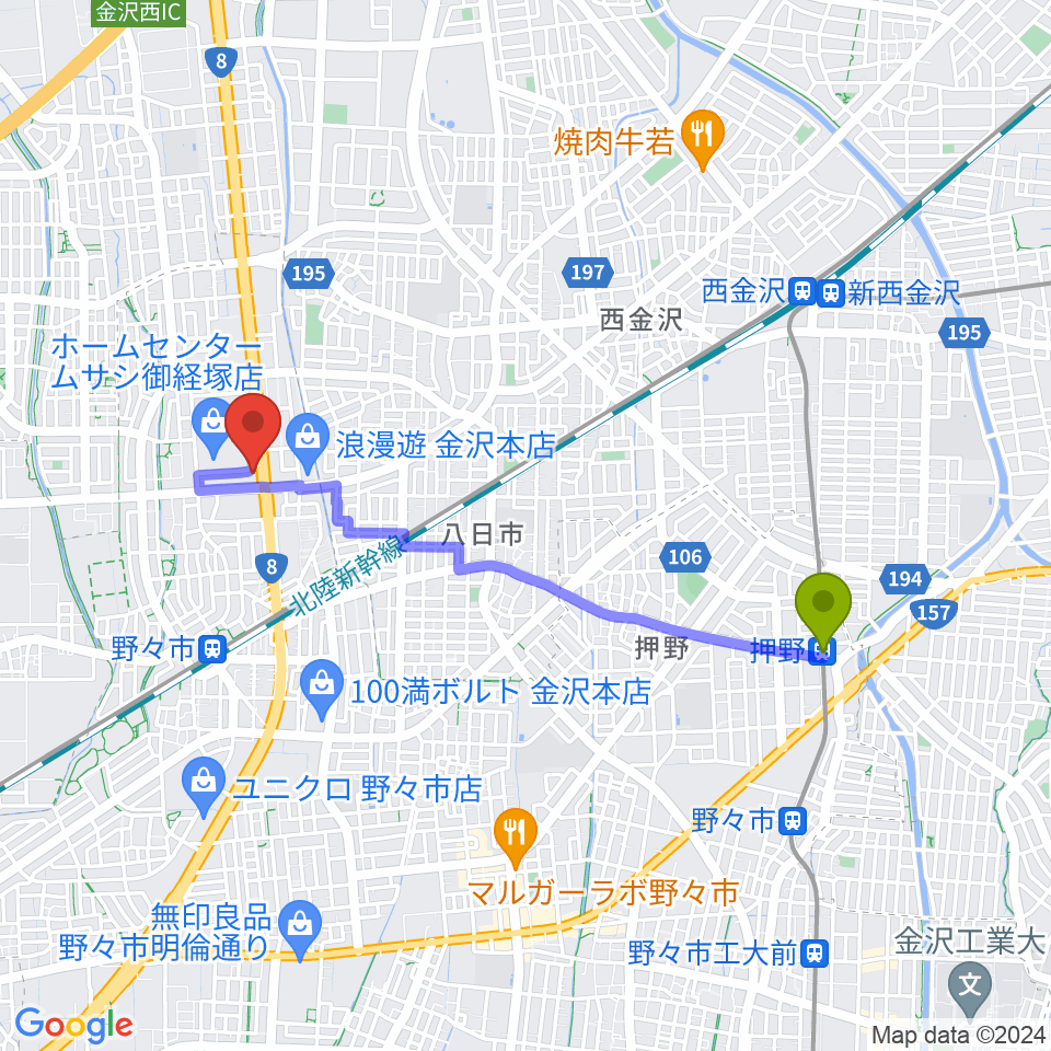 押野駅からうつのみやミューズインへのルートマップ地図