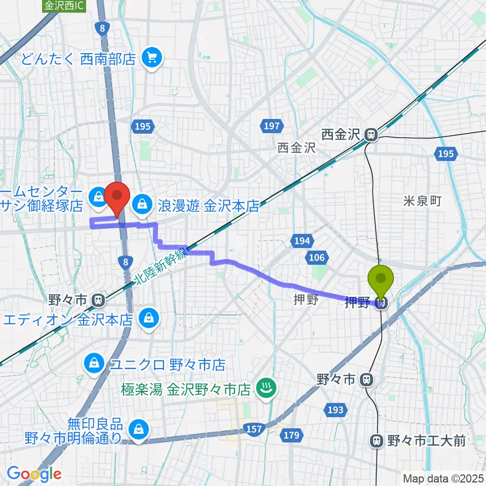 押野駅からうつのみやミューズインへのルートマップ地図