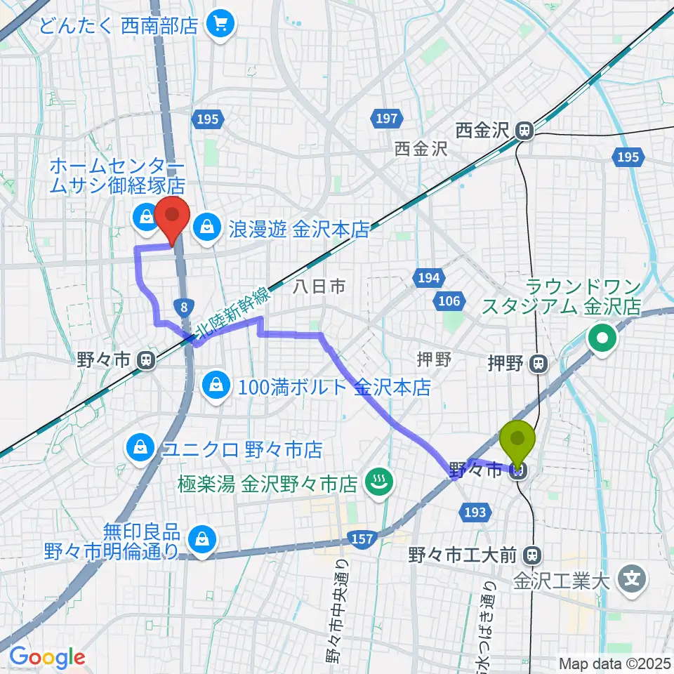 野々市駅からうつのみやミューズインへのルートマップ地図