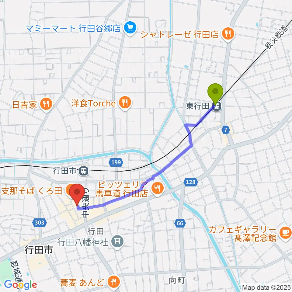 東行田駅からぺぺタスギター教室 埼玉・行田教室へのルートマップ地図