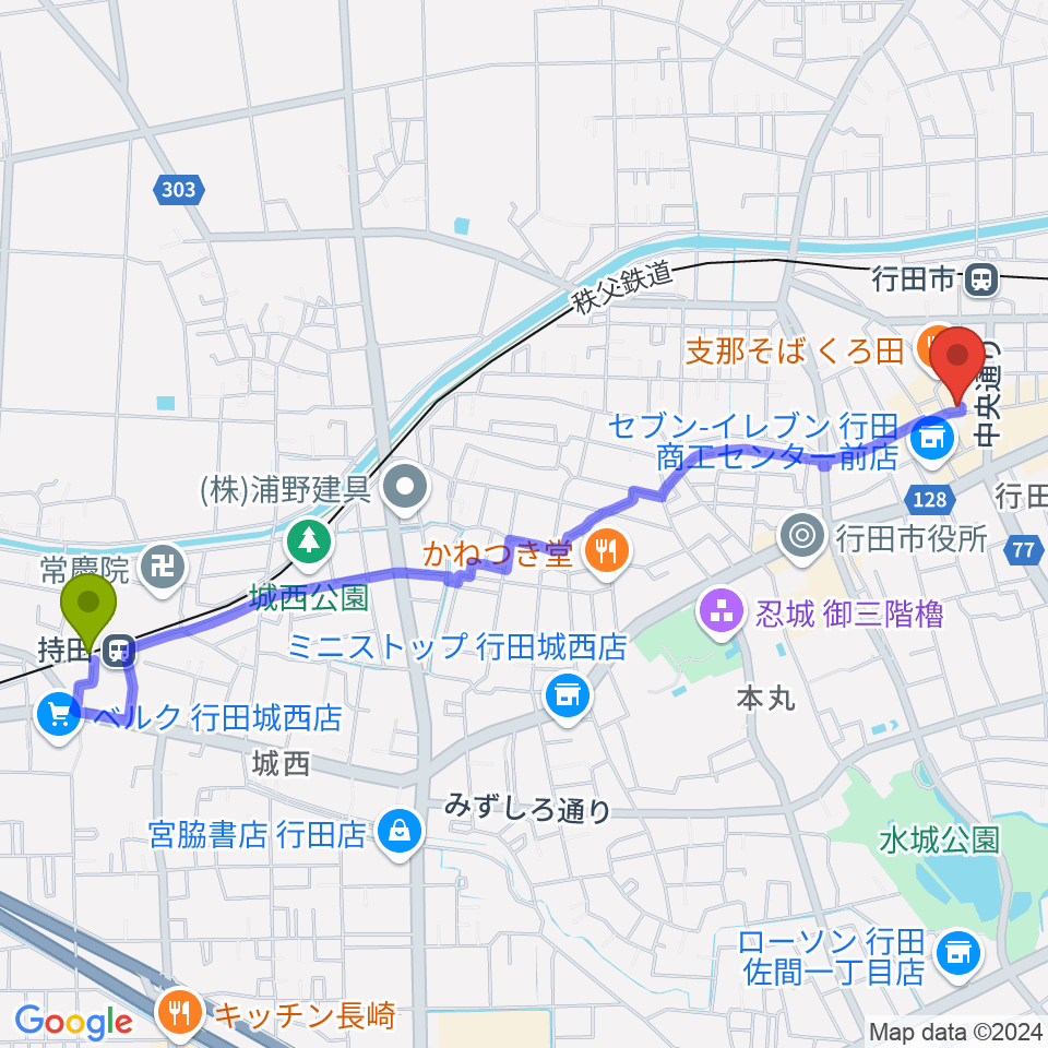 持田駅からぺぺタスギター教室 埼玉・行田教室へのルートマップ地図