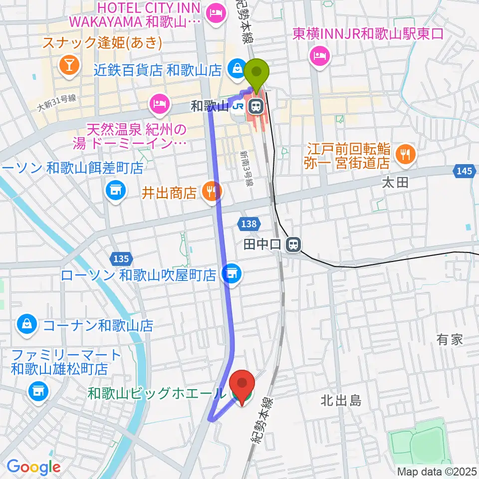 和歌山駅から和歌山ビッグホエールへのルートマップ地図
