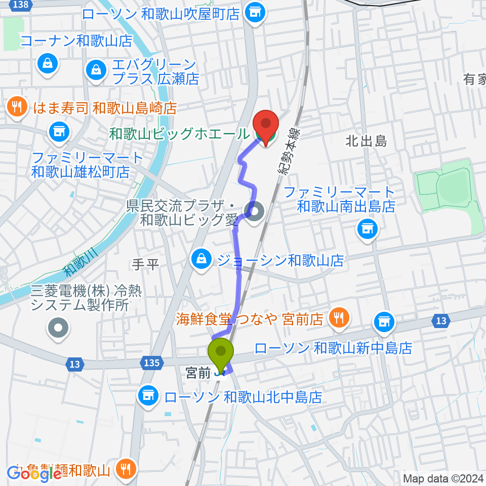 宮前駅から和歌山ビッグホエールへのルートマップ地図