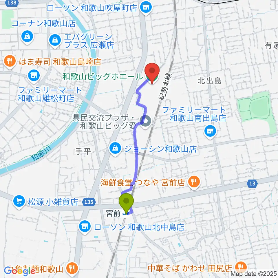 宮前駅から和歌山ビッグホエールへのルートマップ地図