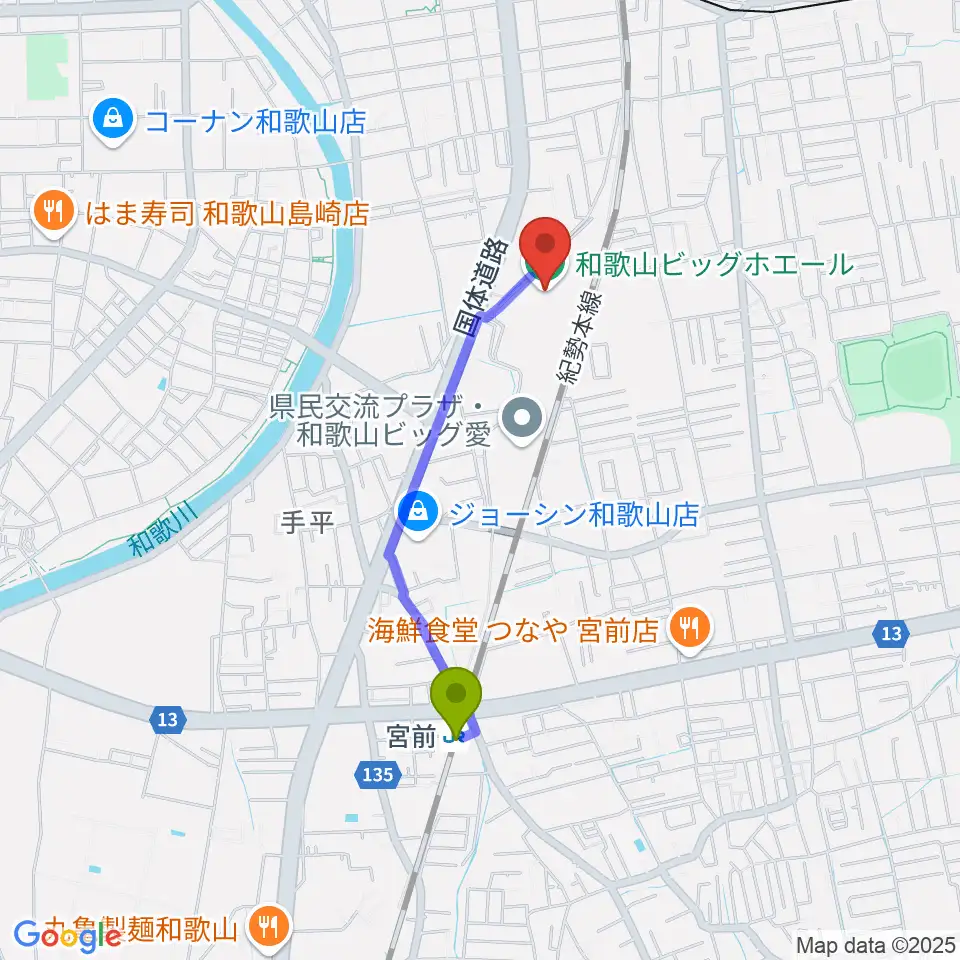 宮前駅から和歌山ビッグホエールへのルートマップ地図