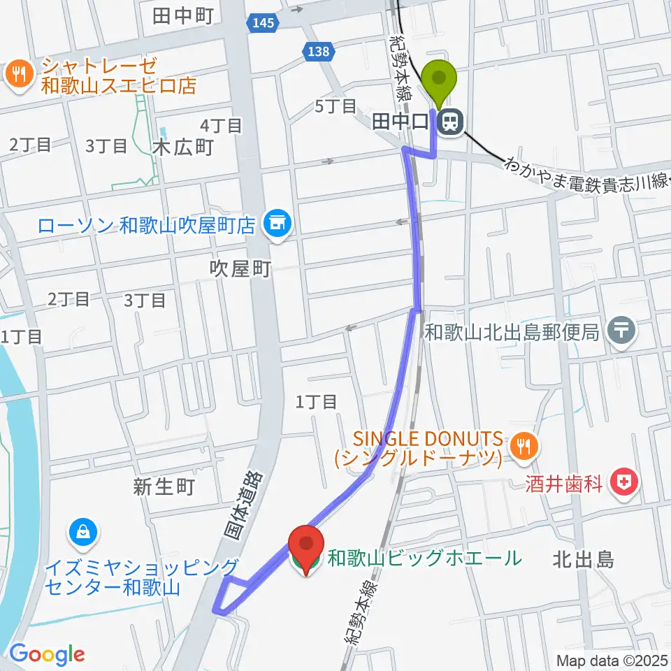 和歌山ビッグホエールの最寄駅田中口駅からの徒歩ルート（約11分）地図