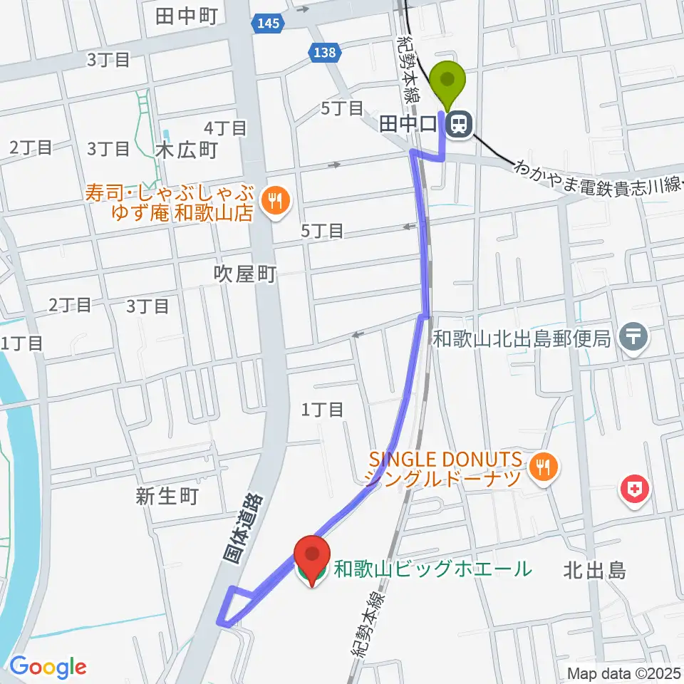 和歌山ビッグホエールの最寄駅田中口駅からの徒歩ルート（約11分）地図