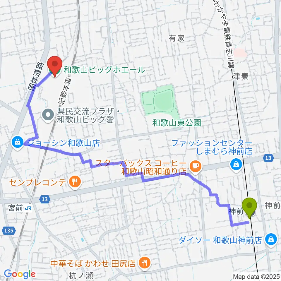 神前駅から和歌山ビッグホエールへのルートマップ地図