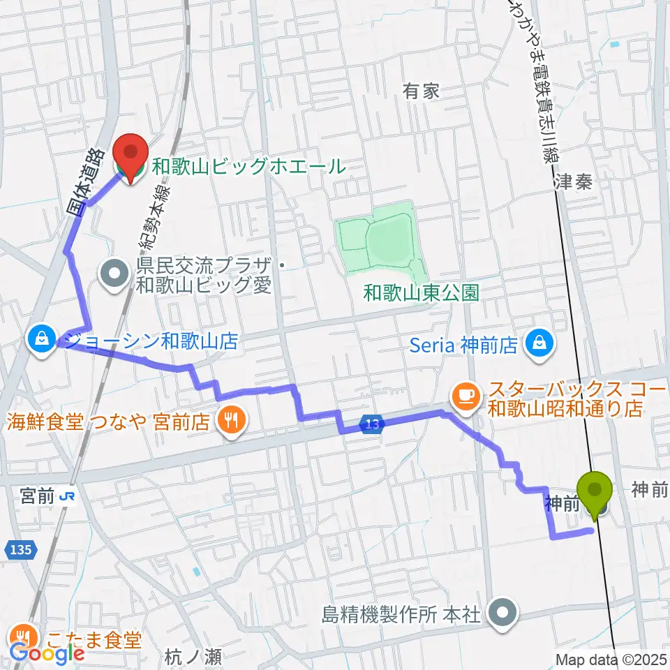 神前駅から和歌山ビッグホエールへのルートマップ地図