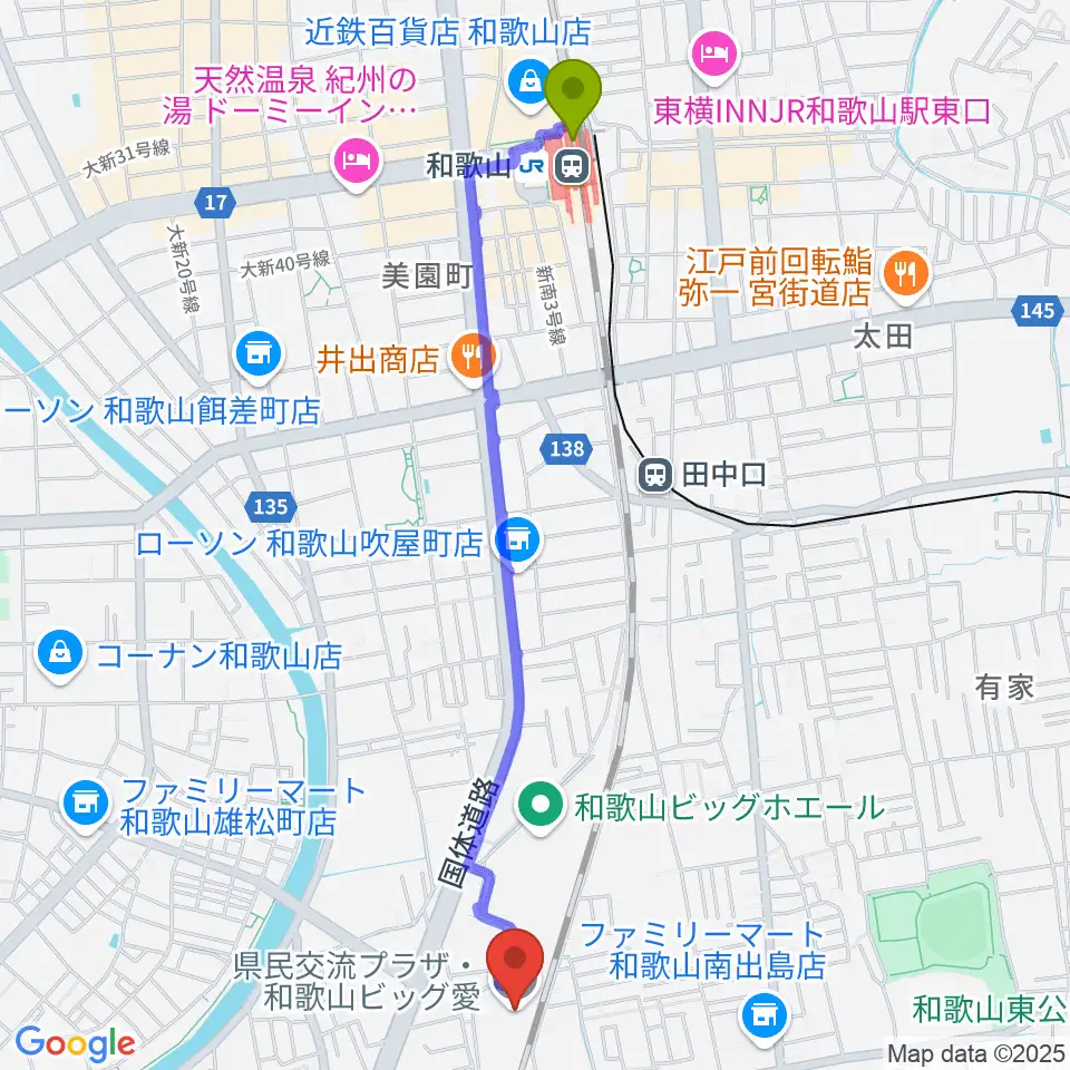 和歌山駅から県民交流プラザ 和歌山ビッグ愛へのルートマップ地図