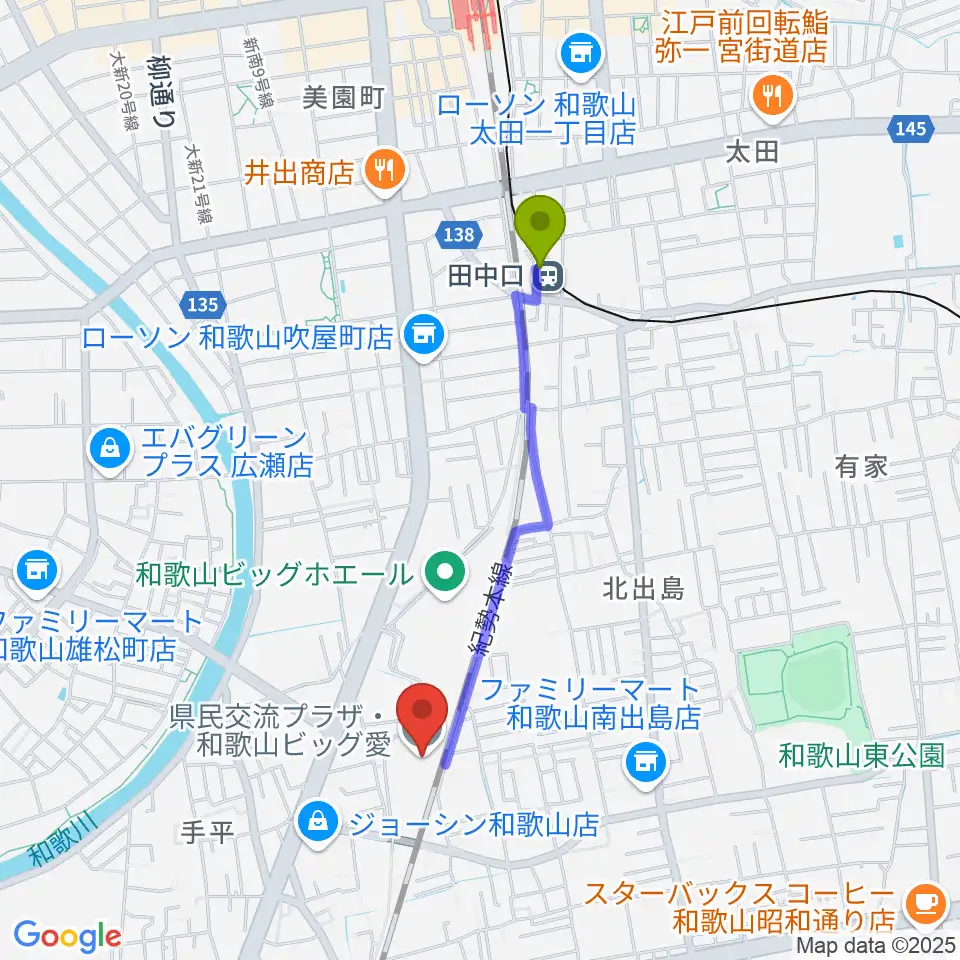 田中口駅から県民交流プラザ 和歌山ビッグ愛へのルートマップ地図