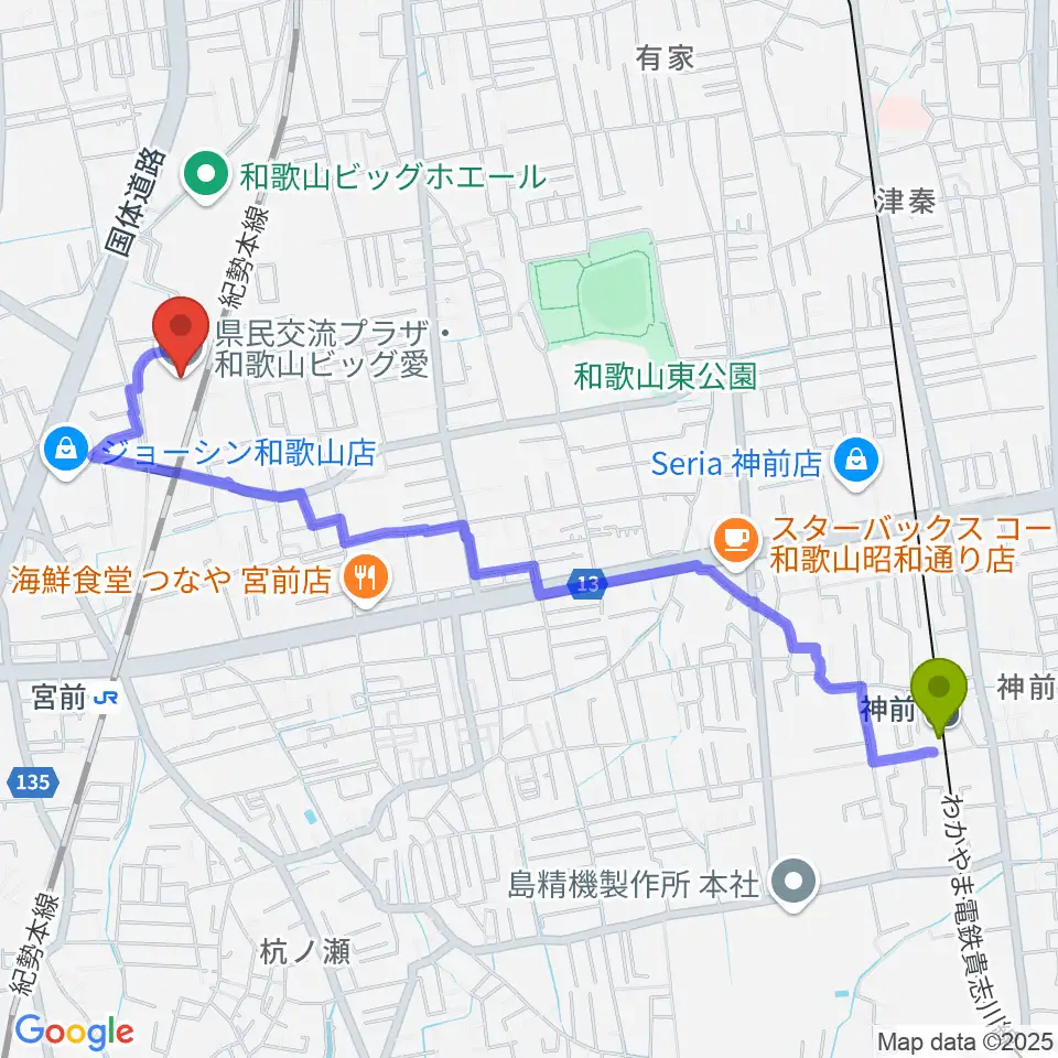 神前駅から県民交流プラザ 和歌山ビッグ愛へのルートマップ地図