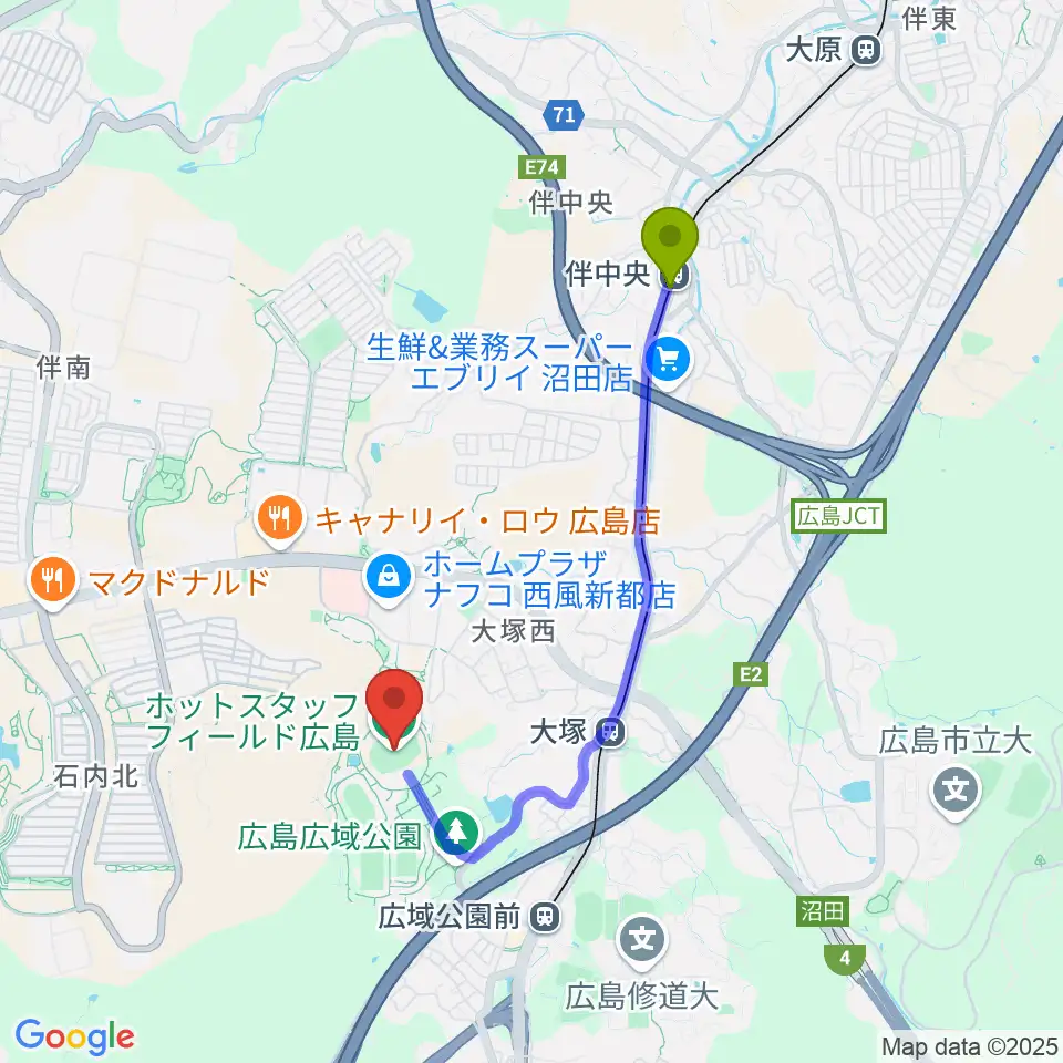 伴中央駅からホットスタッフフィールド広島へのルートマップ地図