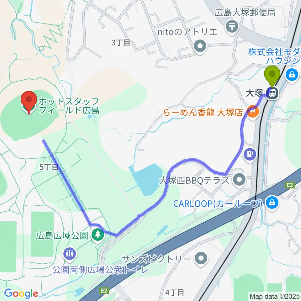 ホットスタッフフィールド広島の最寄駅大塚駅からの徒歩ルート（約13分）地図