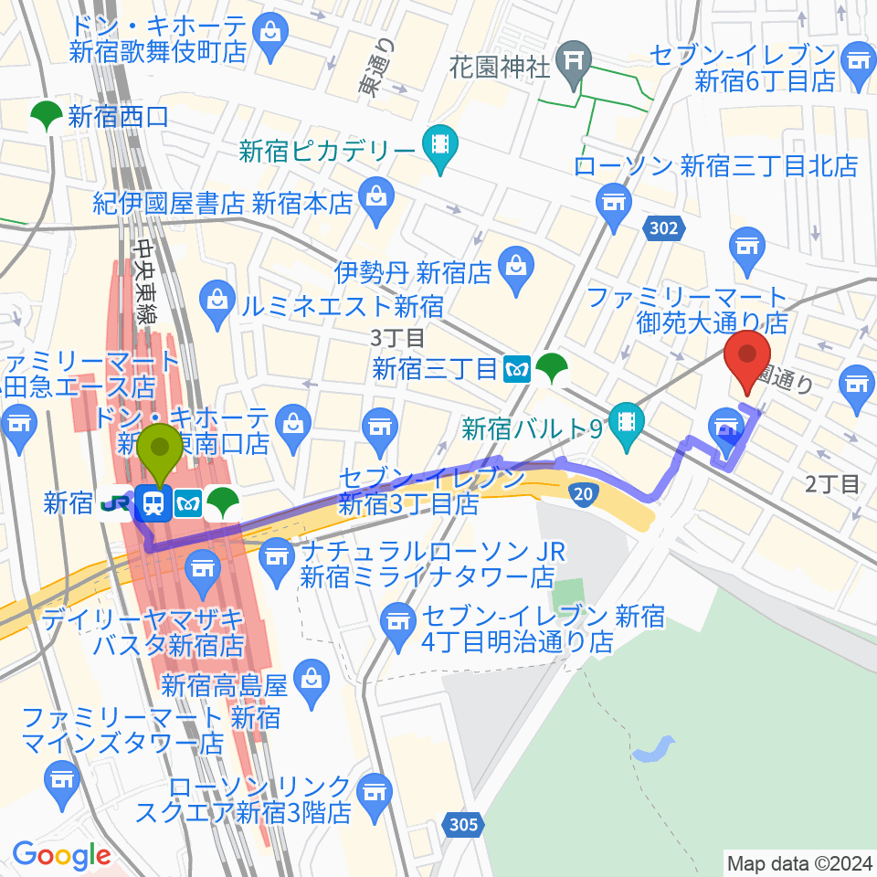 新宿駅から新宿Live Freakへのルートマップ地図