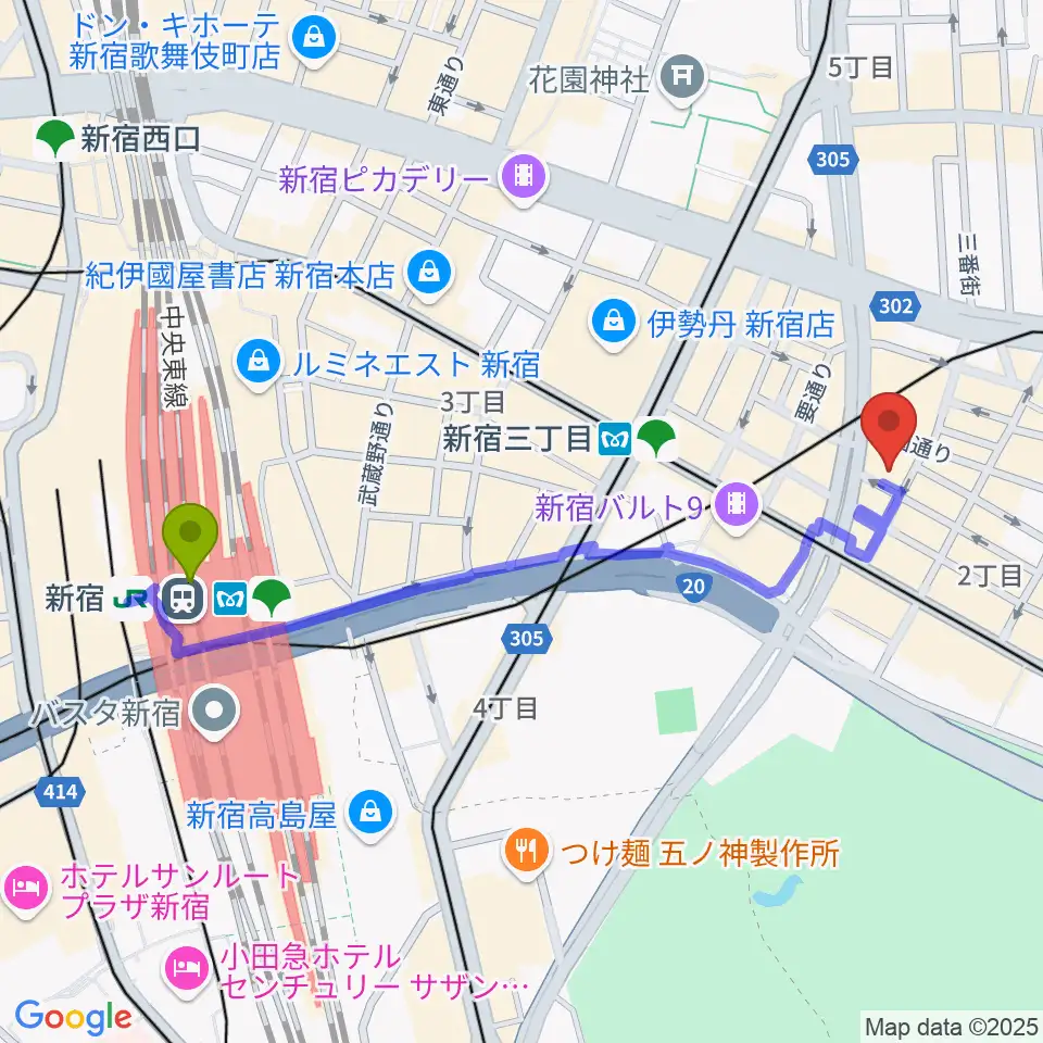 新宿駅から新宿Live Freakへのルートマップ地図