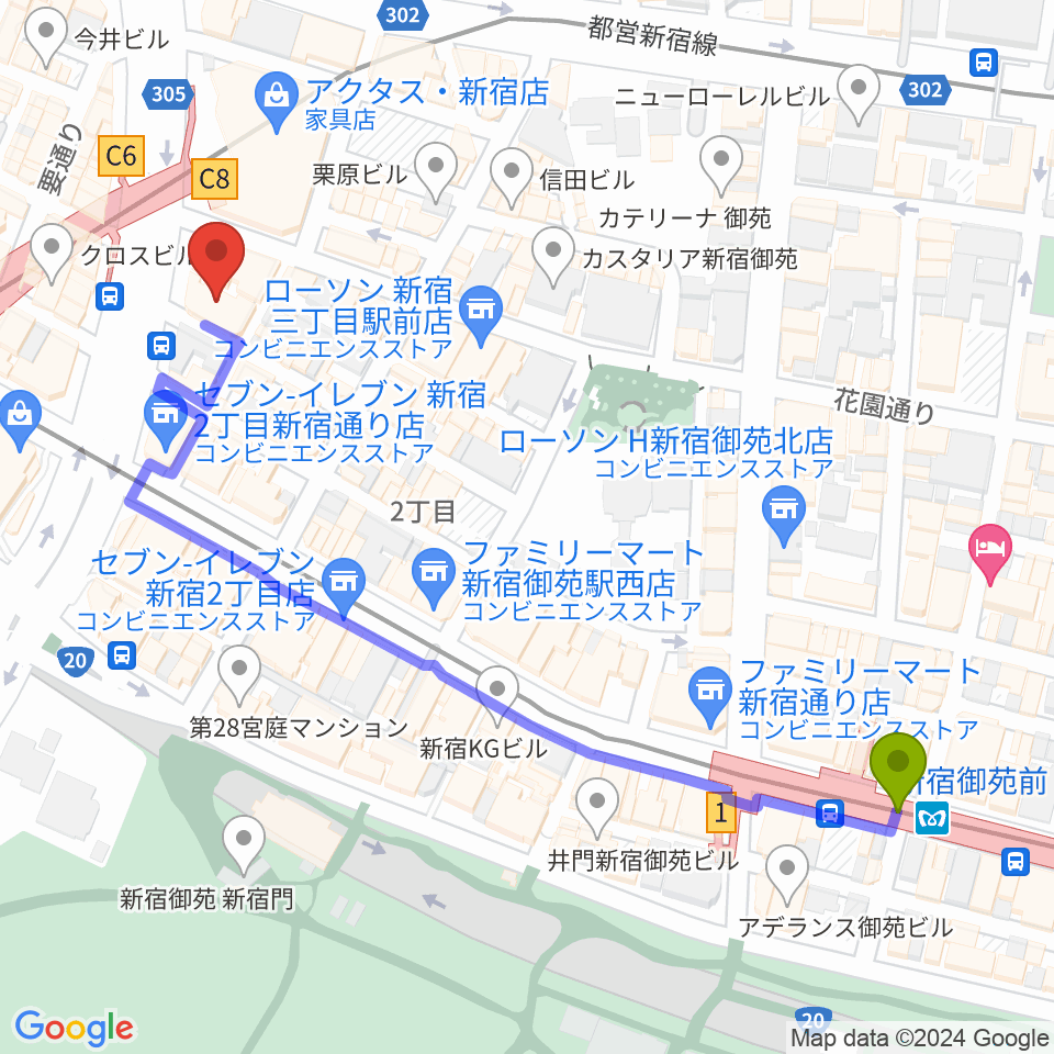 新宿御苑前駅から新宿Live Freakへのルートマップ地図