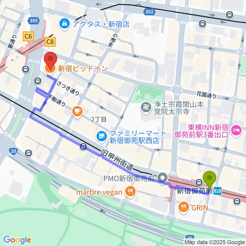新宿御苑前駅から新宿Live Freakへのルートマップ地図