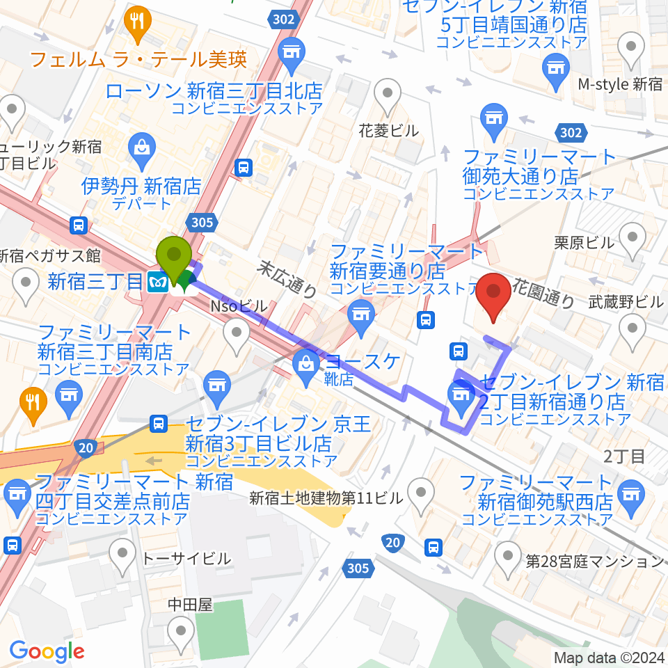 新宿Live Freakの最寄駅新宿三丁目駅からの徒歩ルート（約4分）地図