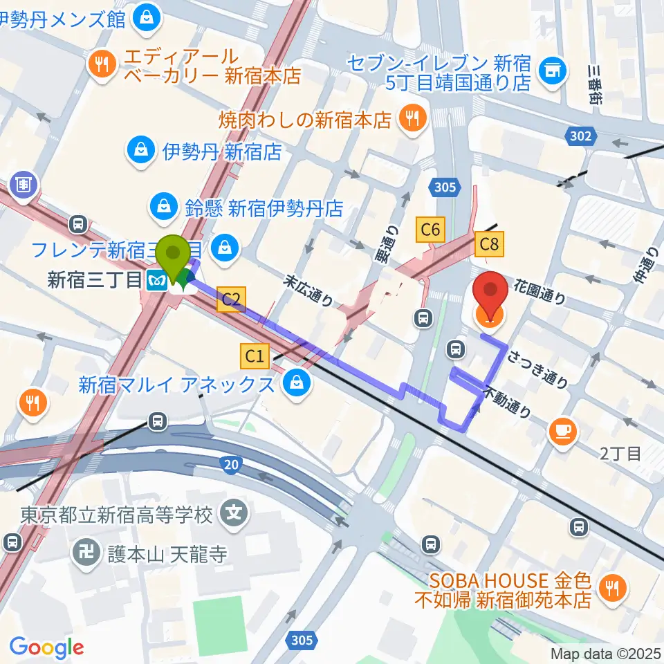 新宿Live Freakの最寄駅新宿三丁目駅からの徒歩ルート（約4分）地図