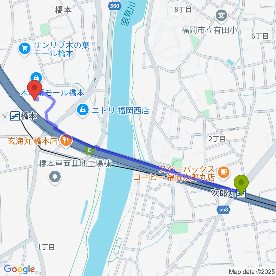 次郎丸駅からJEUGIAカルチャーセンター 木の葉モール橋本へのルートマップ地図