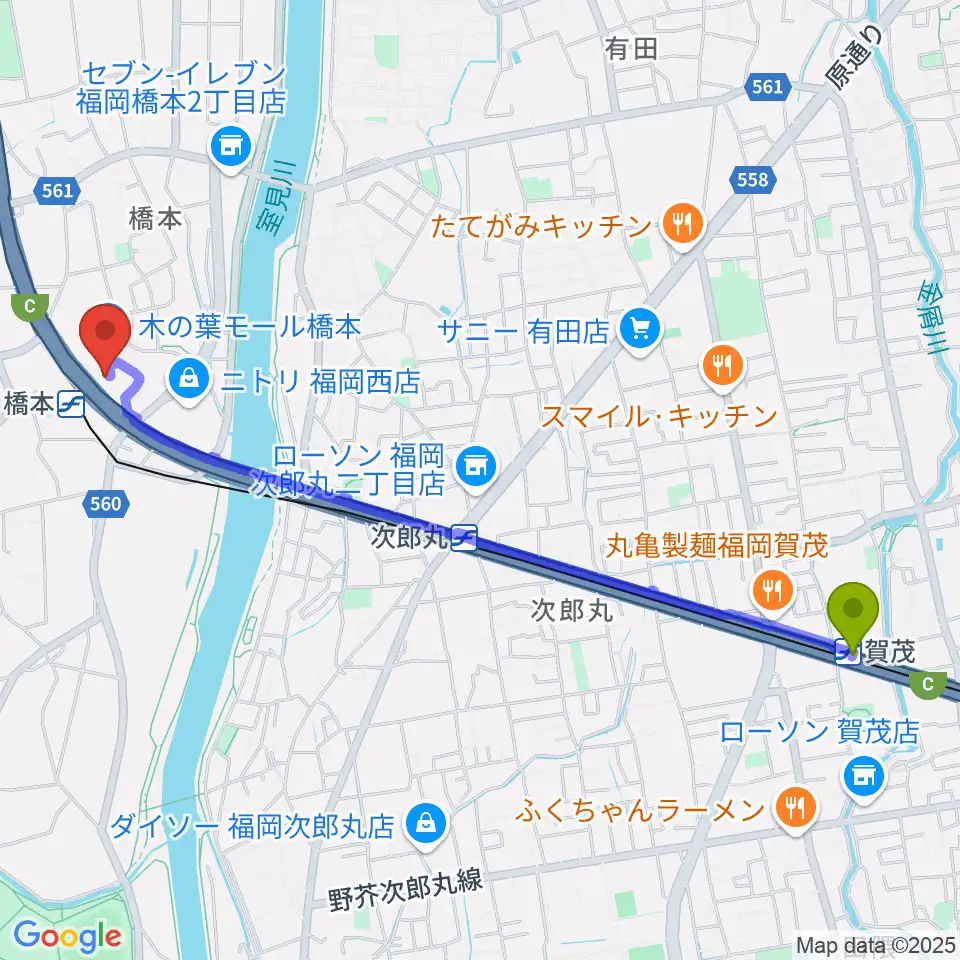 賀茂駅からJEUGIAカルチャーセンター 木の葉モール橋本へのルートマップ地図