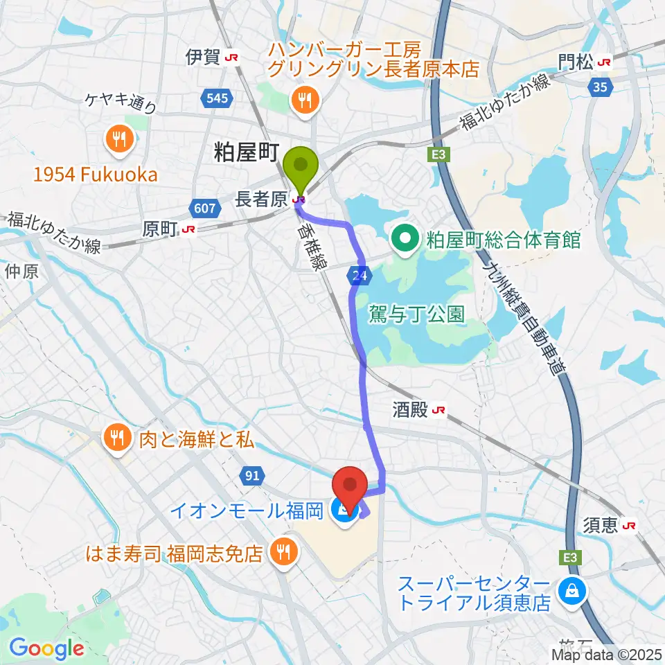 長者原駅からJEUGIAカルチャーセンター イオンモール福岡へのルートマップ地図