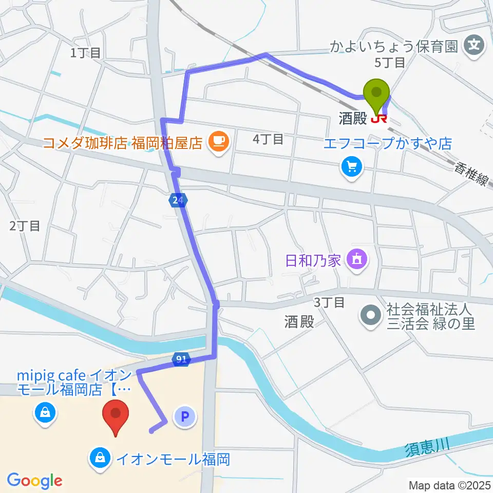 JEUGIAカルチャーセンター イオンモール福岡の最寄駅酒殿駅からの徒歩ルート（約13分）地図