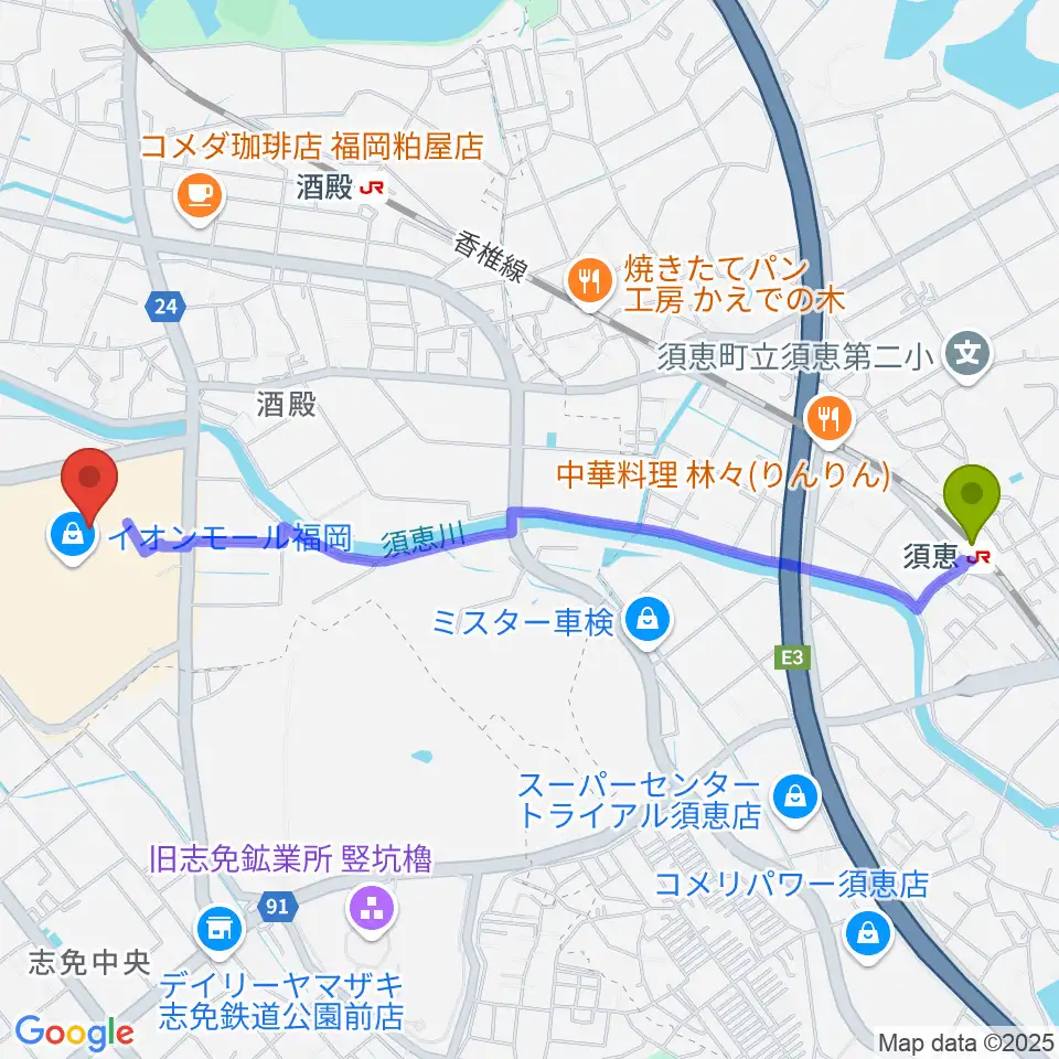 須恵駅からJEUGIAカルチャーセンター イオンモール福岡へのルートマップ地図