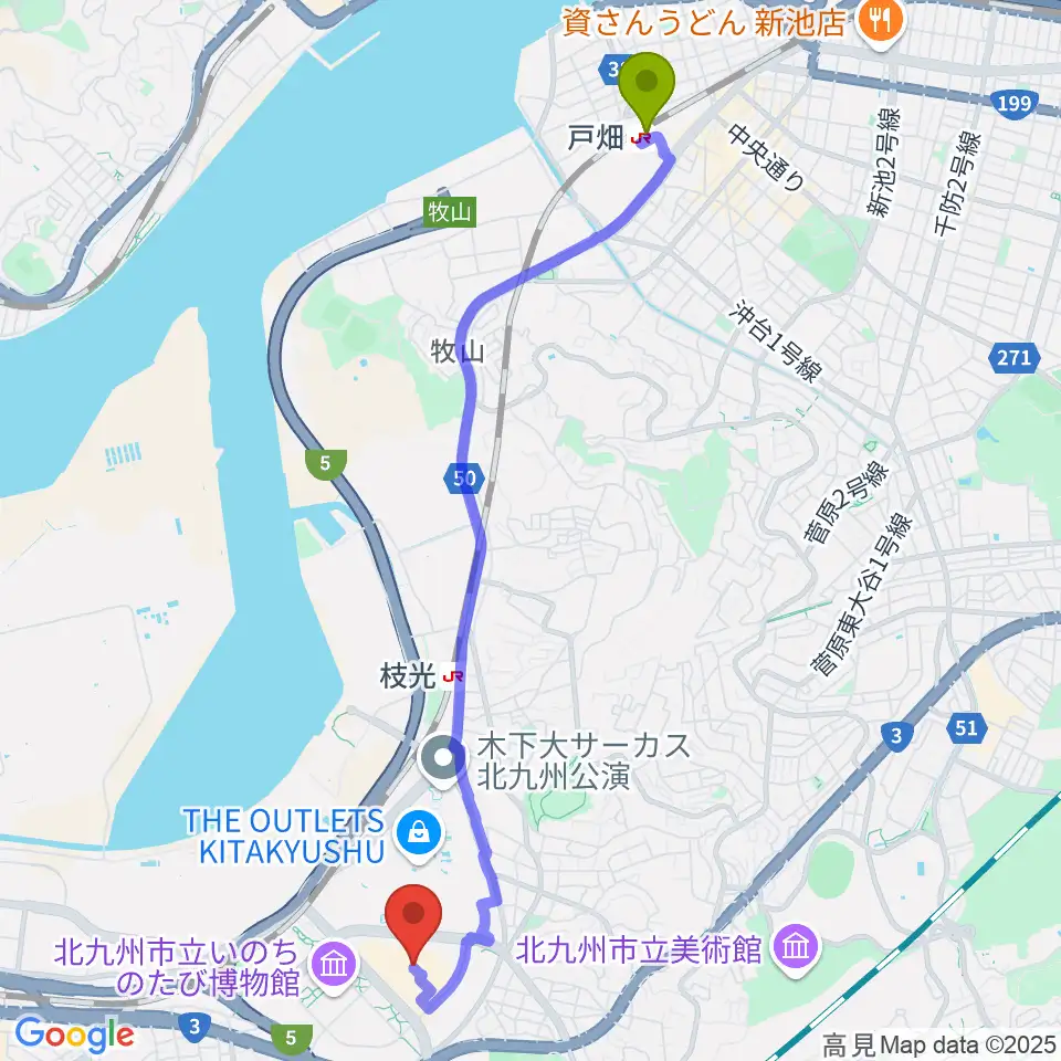 戸畑駅からJEUGIAカルチャーセンター イオンモール八幡東へのルートマップ地図