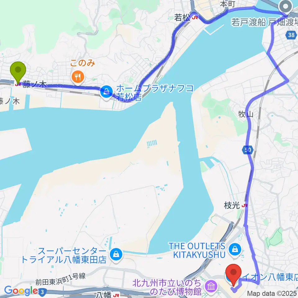 藤ノ木駅からJEUGIAカルチャーセンター イオンモール八幡東へのルートマップ地図