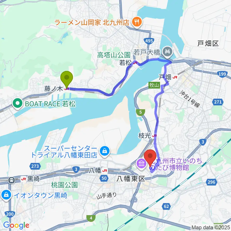藤ノ木駅からJEUGIAカルチャーセンター イオンモール八幡東へのルートマップ地図