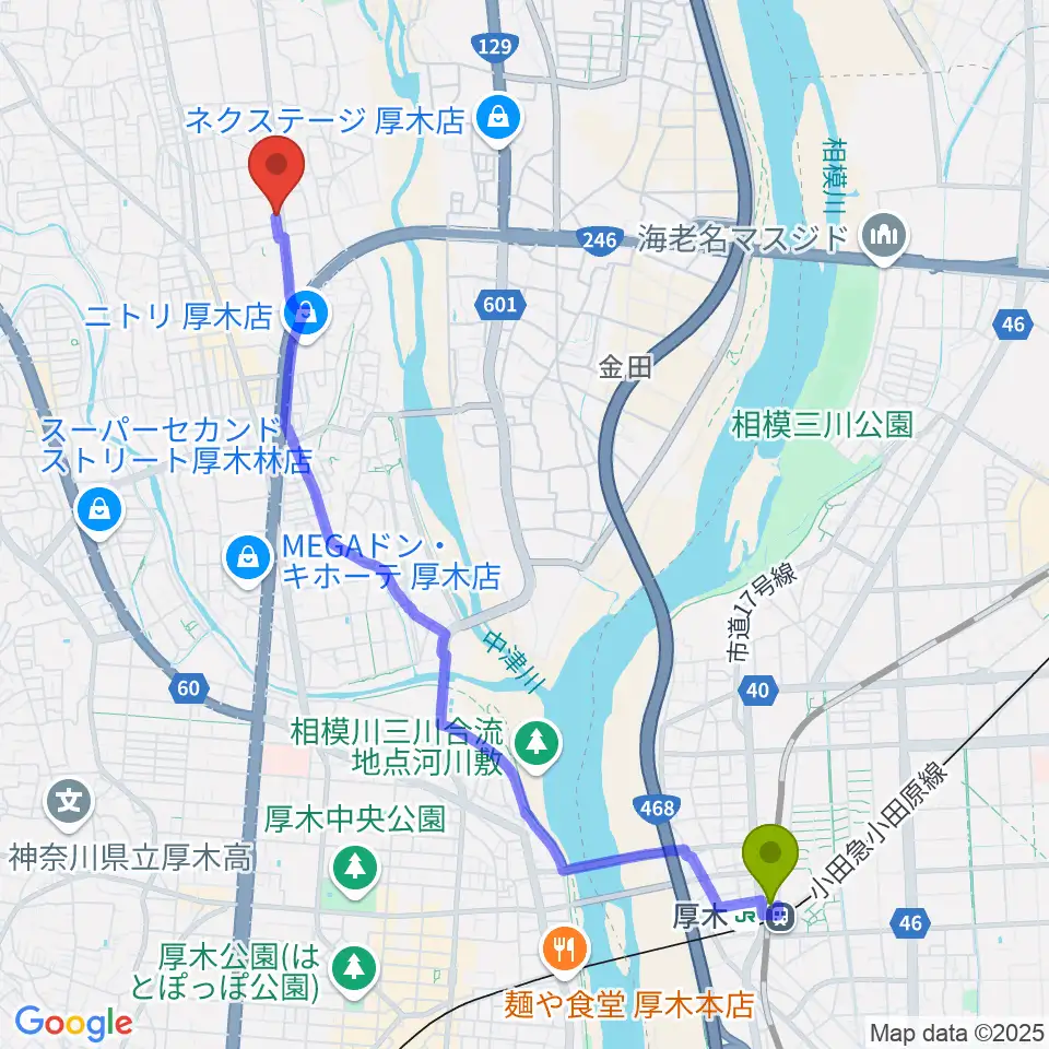 厚木駅から厚木楽器 アミ妻田へのルートマップ地図