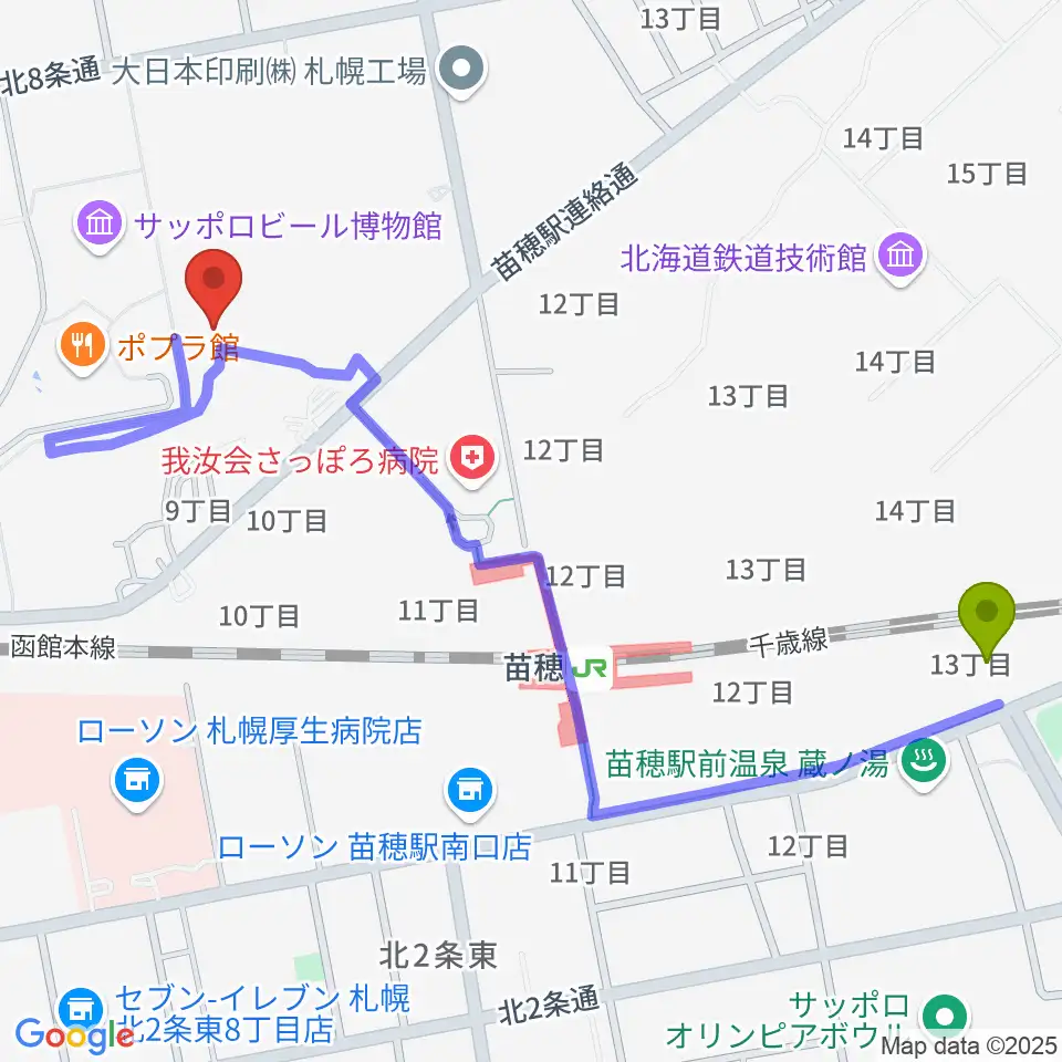 タワーレコード アリオ札幌店の最寄駅苗穂駅からの徒歩ルート（約11分）地図