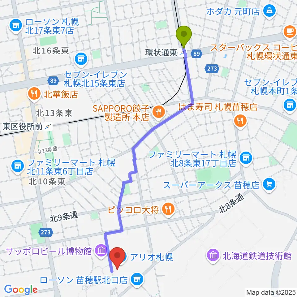 環状通東駅からタワーレコード アリオ札幌店へのルートマップ地図