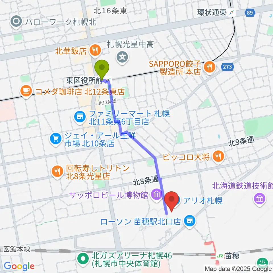 東区役所前駅からタワーレコード アリオ札幌店へのルートマップ地図