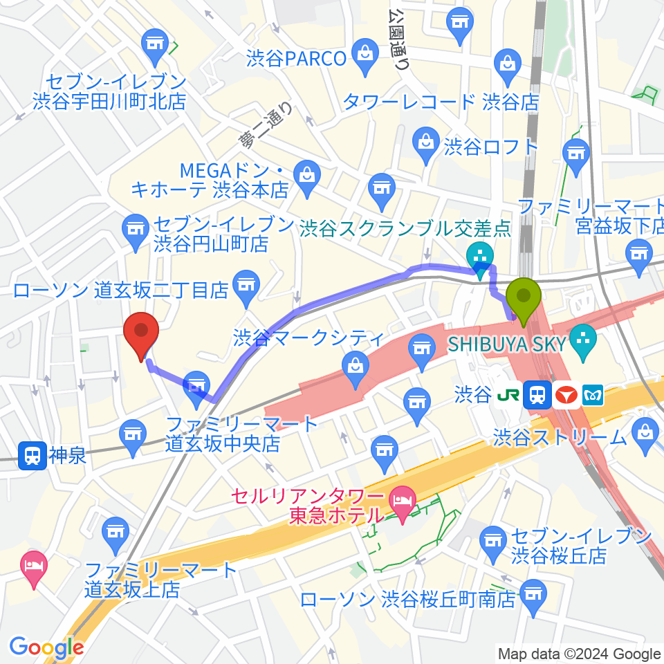 渋谷駅から渋谷7th FLOORへのルートマップ地図