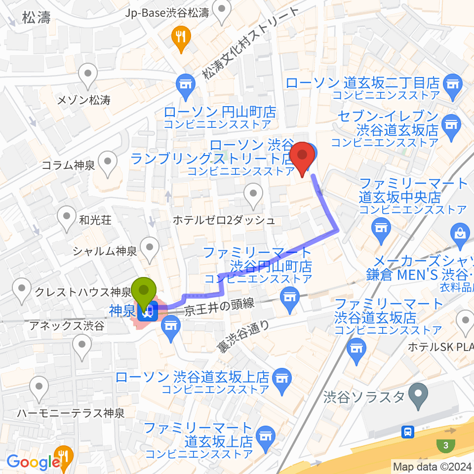 渋谷7th FLOORの最寄駅神泉駅からの徒歩ルート（約3分）地図