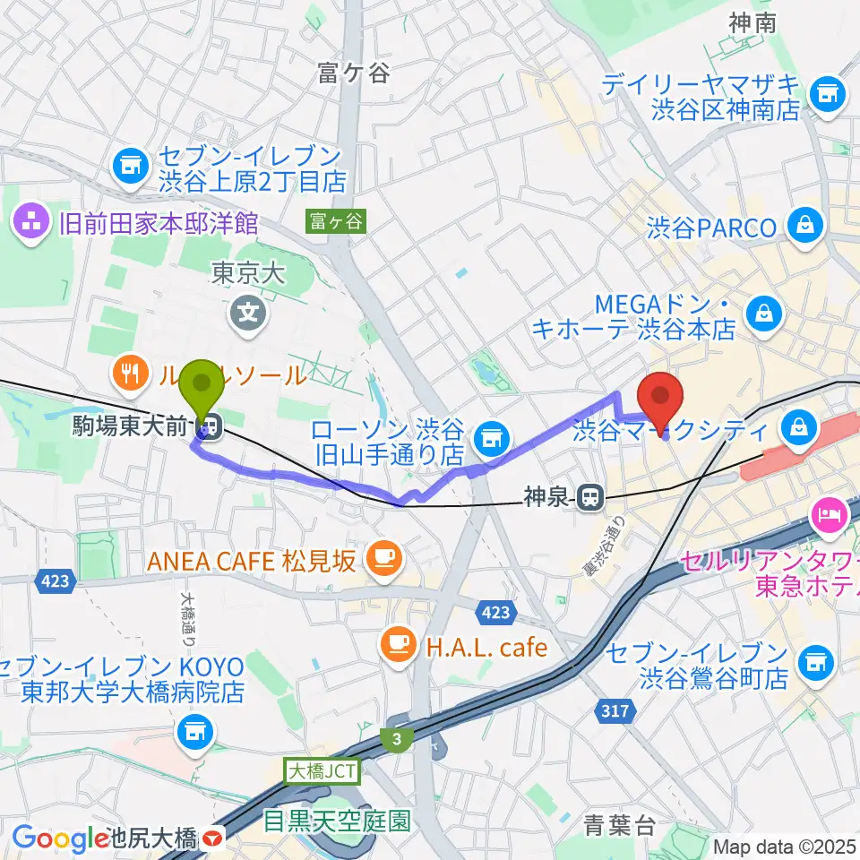 駒場東大前駅から渋谷7th FLOORへのルートマップ地図